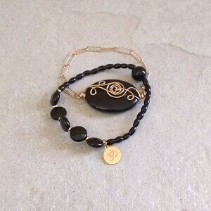 Massive Protection Bracelet Set: Black Jasper + Obsidian & Ohm Om! Balance + Chi